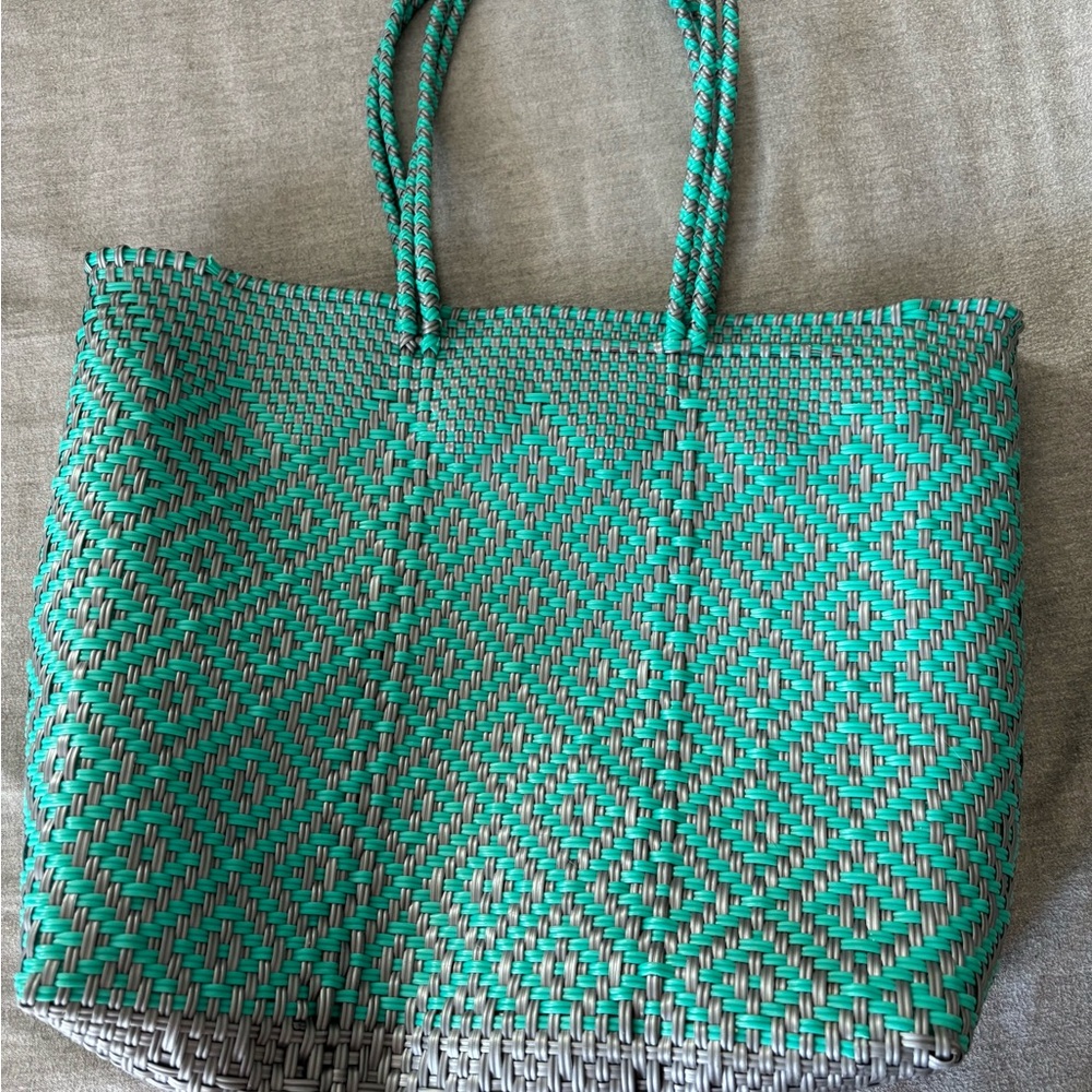 Green and Gray Woven Tote Bag
